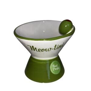“Meow-tini" Cat Drinking Water Food Tall Bowl Hand Painted Colorful Olive CUTE!